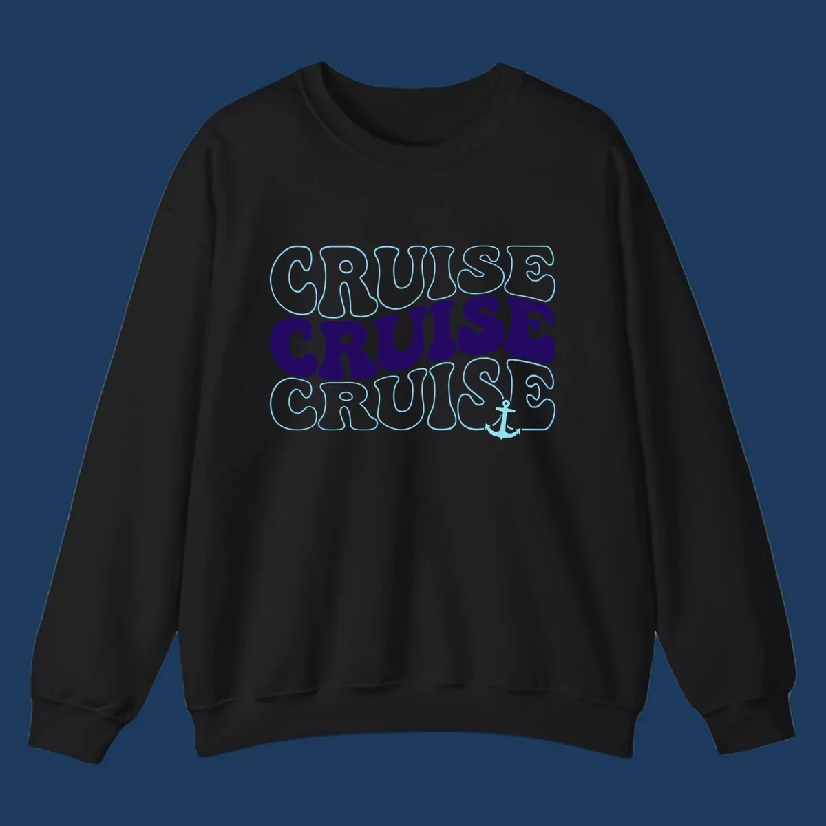Cruise repeat anchor design with navy and light blue text on gray background, featuring the word cruise repeated three times with a small anchor icon