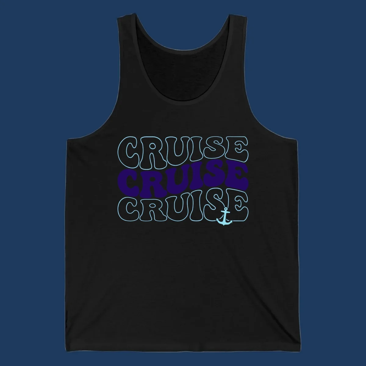 Cruise repeat anchor design with navy and light blue text on gray background, featuring the word cruise repeated three times with a small anchor icon