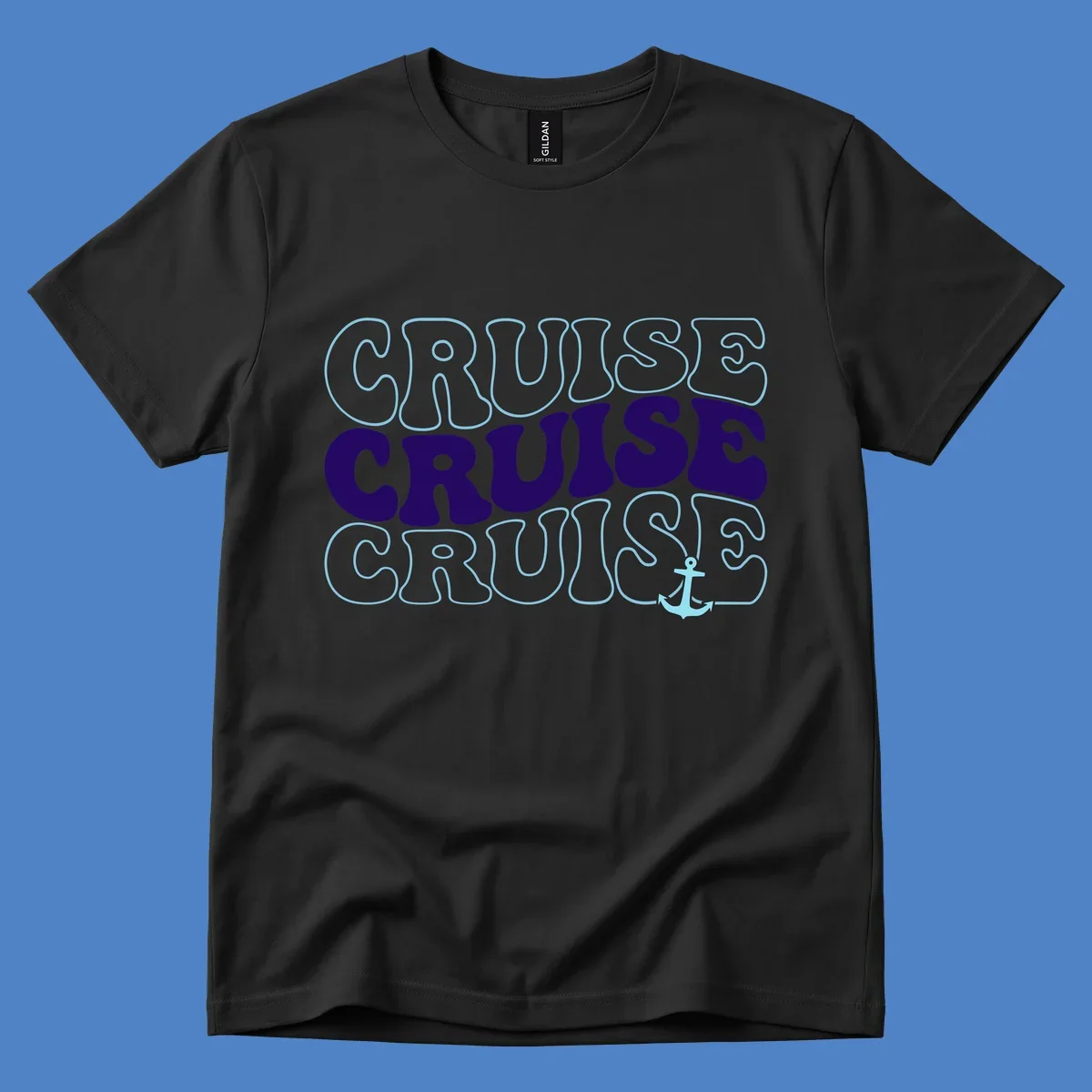 Cruise repeat anchor design with navy and light blue text on gray background, featuring the word cruise repeated three times with a small anchor icon