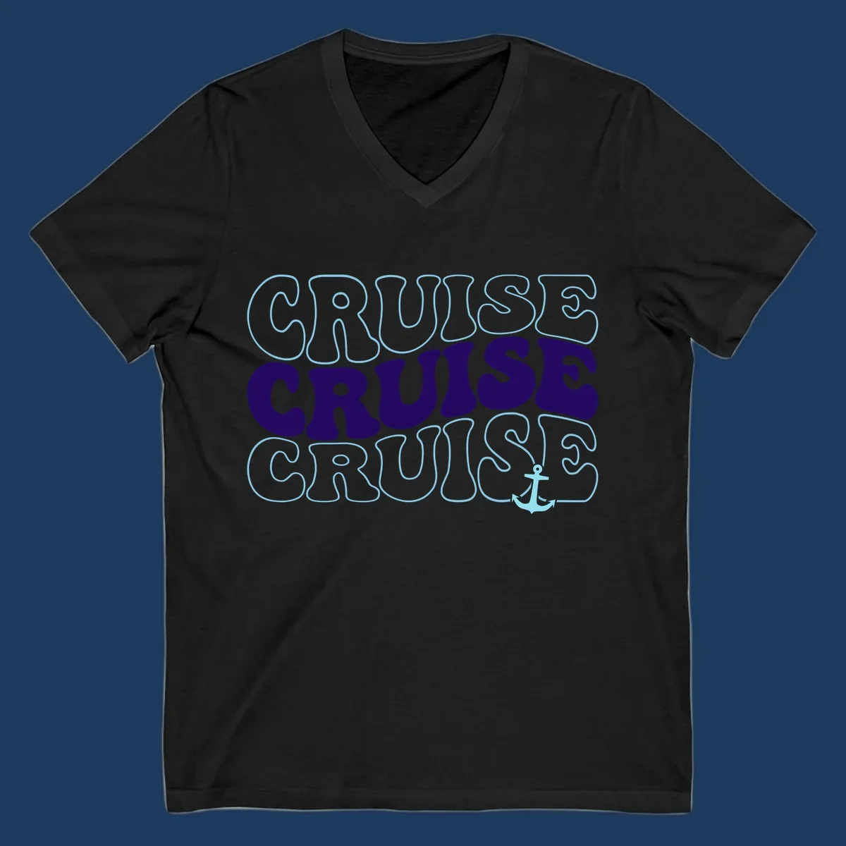 Cruise repeat anchor design with navy and light blue text on gray background, featuring the word cruise repeated three times with a small anchor icon