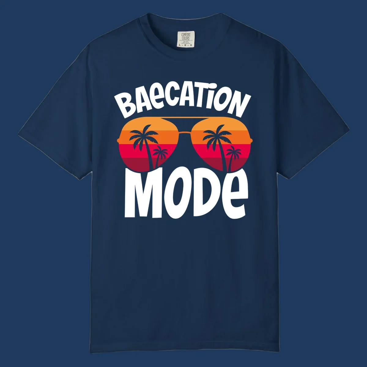 Bagcation mode cruise design with oversized sunglasses featuring tropical sunset and palm tree imagery with bold text