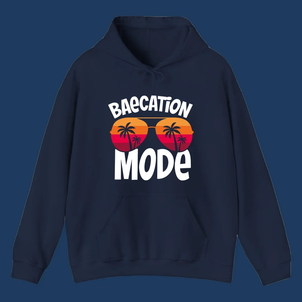 Bagcation mode cruise design with oversized sunglasses featuring tropical sunset and palm tree imagery with bold text