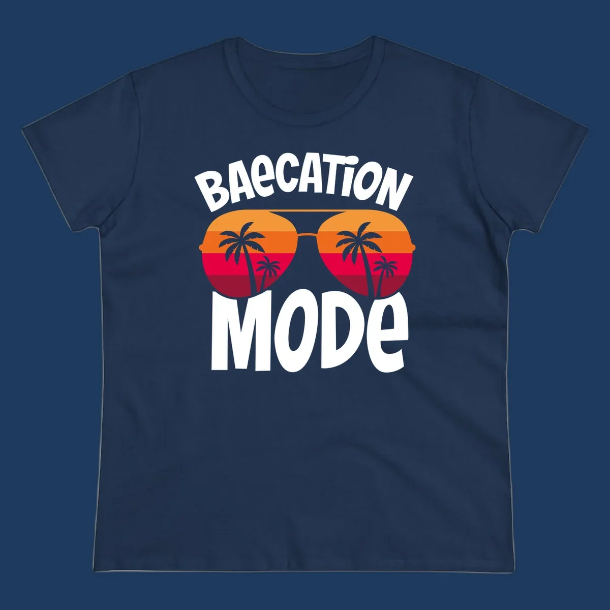 Bagcation mode cruise design with oversized sunglasses featuring tropical sunset and palm tree imagery with bold text