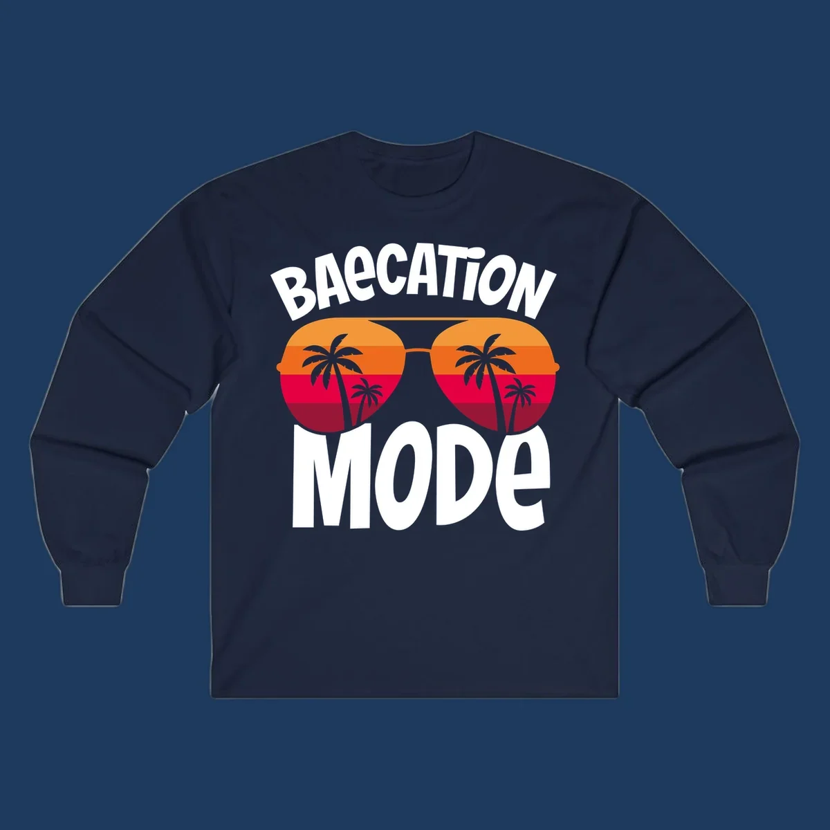 Bagcation mode cruise design with oversized sunglasses featuring tropical sunset and palm tree imagery with bold text