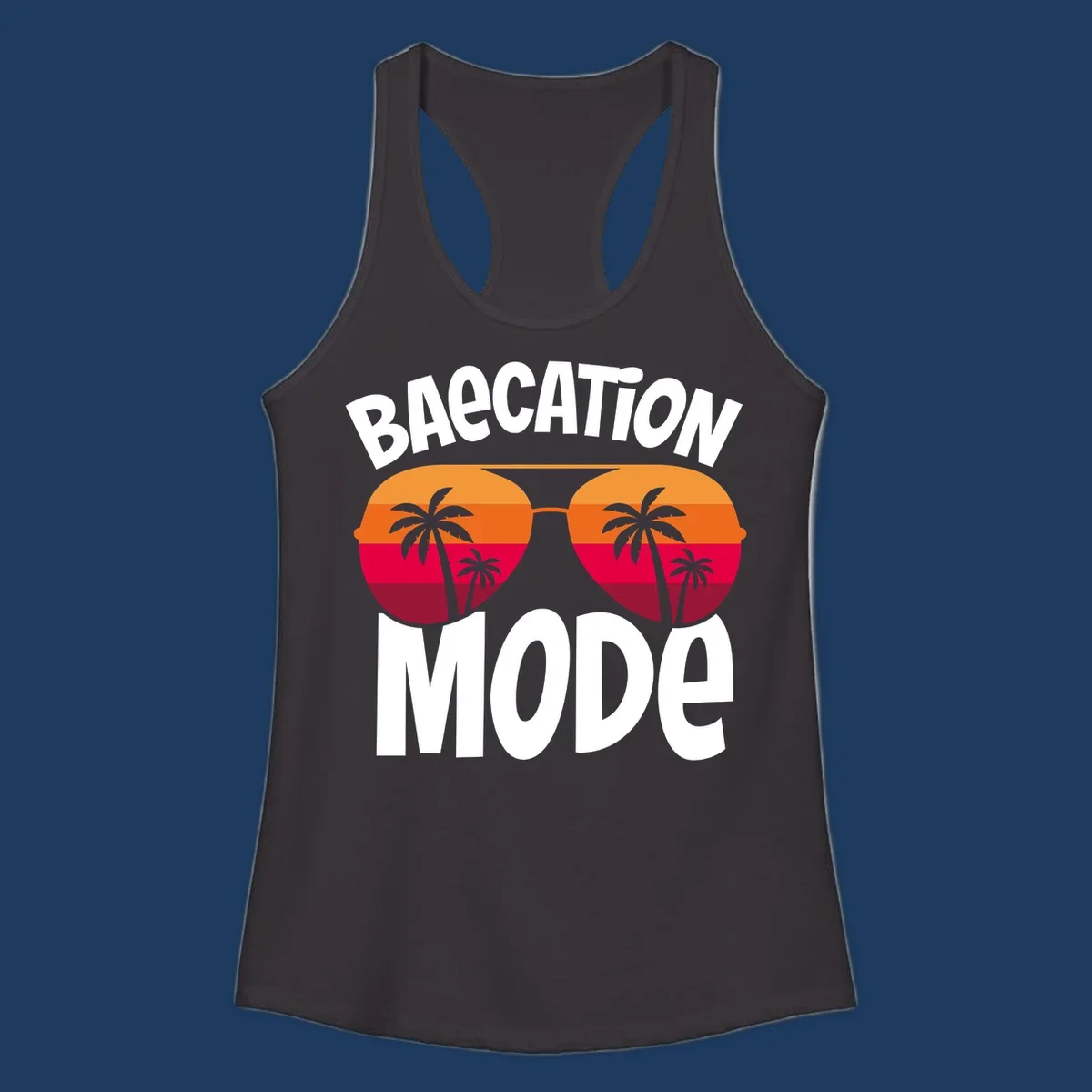Bagcation mode cruise design with oversized sunglasses featuring tropical sunset and palm tree imagery with bold text