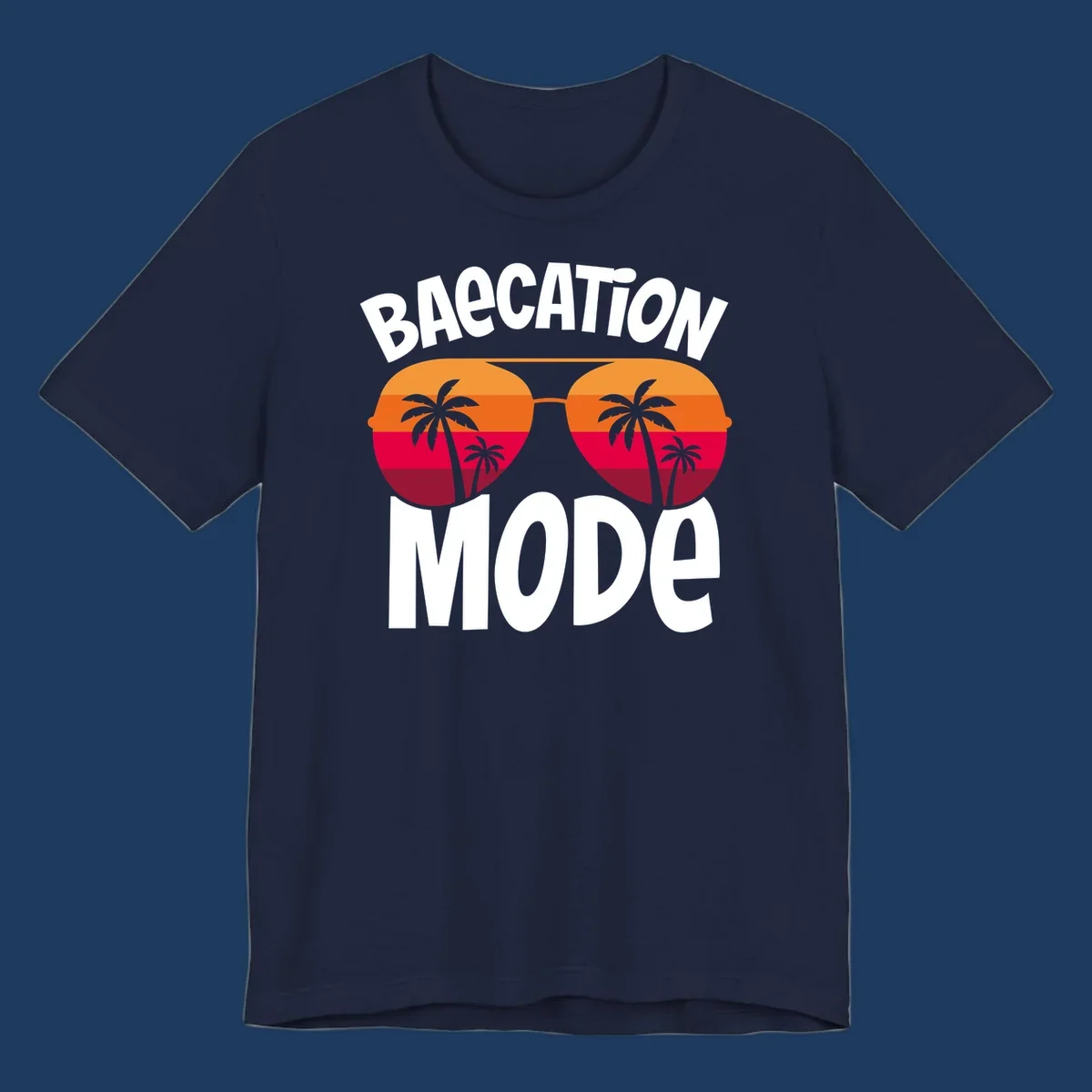 Bagcation mode cruise design with oversized sunglasses featuring tropical sunset and palm tree imagery with bold text
