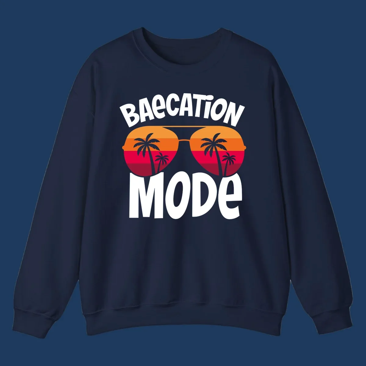Bagcation mode cruise design with oversized sunglasses featuring tropical sunset and palm tree imagery with bold text