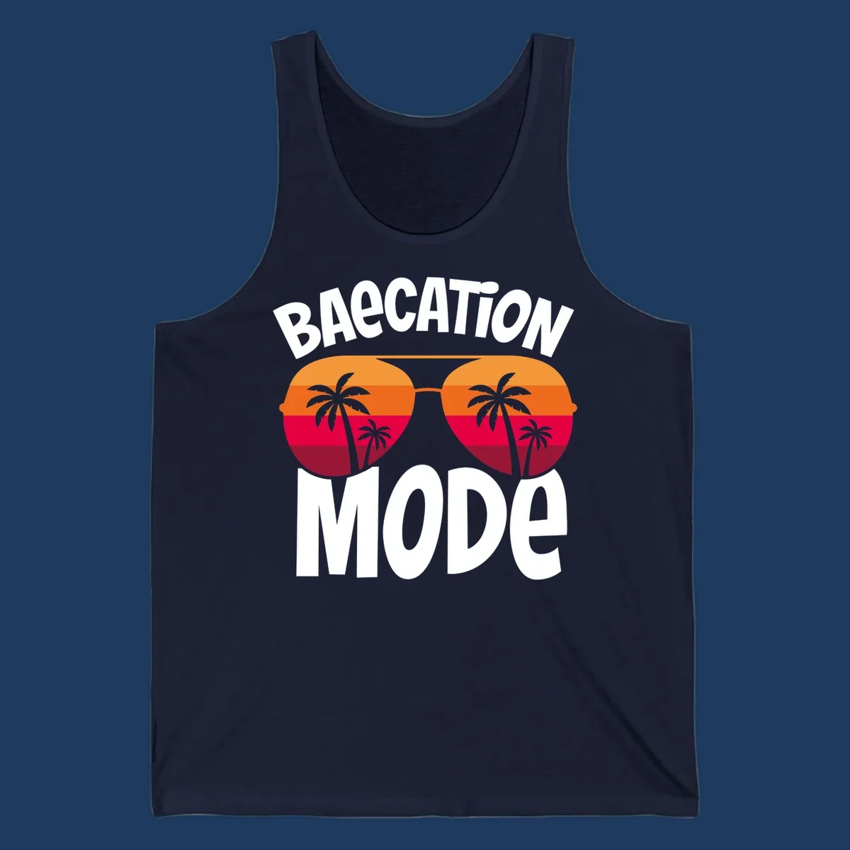 Bagcation mode cruise design with oversized sunglasses featuring tropical sunset and palm tree imagery with bold text