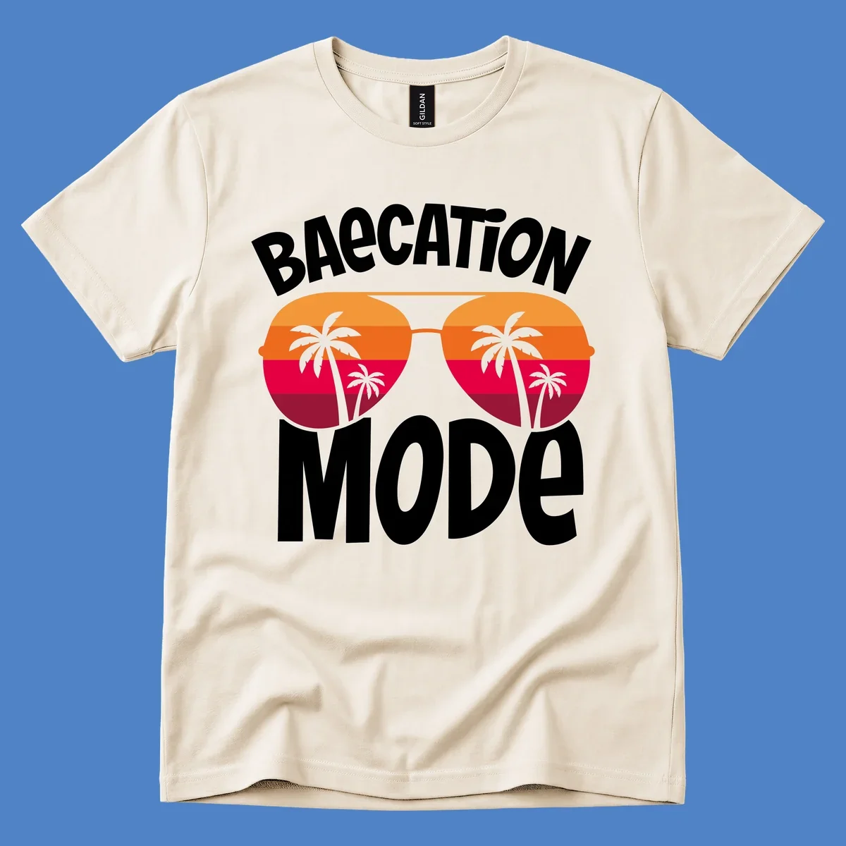 Bagcation mode cruise design with oversized sunglasses featuring tropical sunset and palm tree imagery with bold text