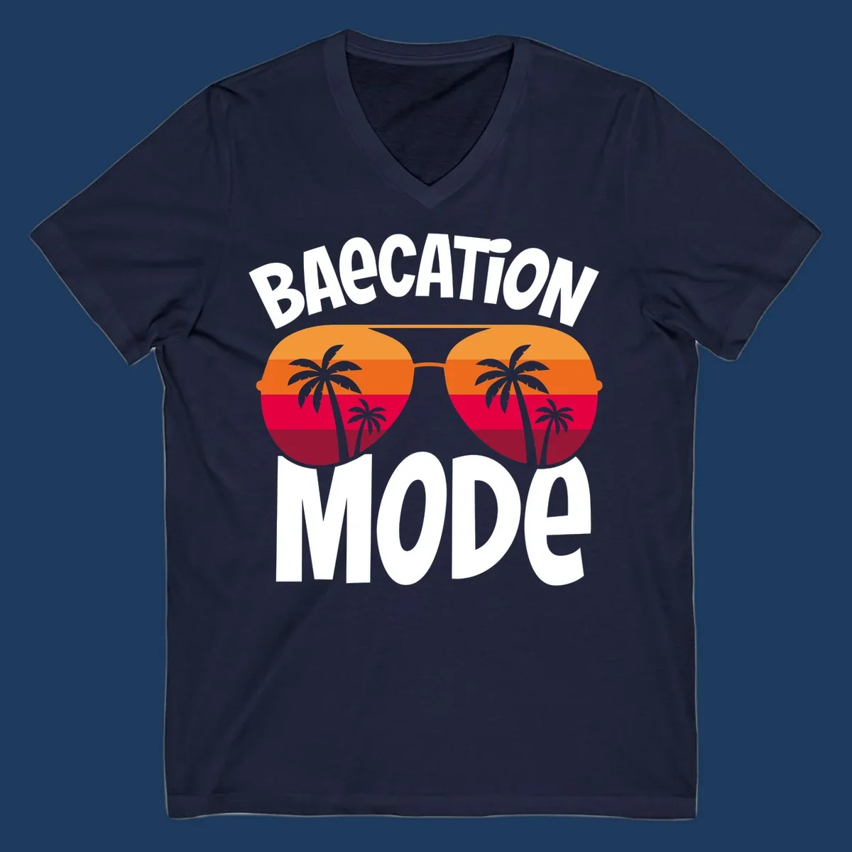Bagcation mode cruise design with oversized sunglasses featuring tropical sunset and palm tree imagery with bold text
