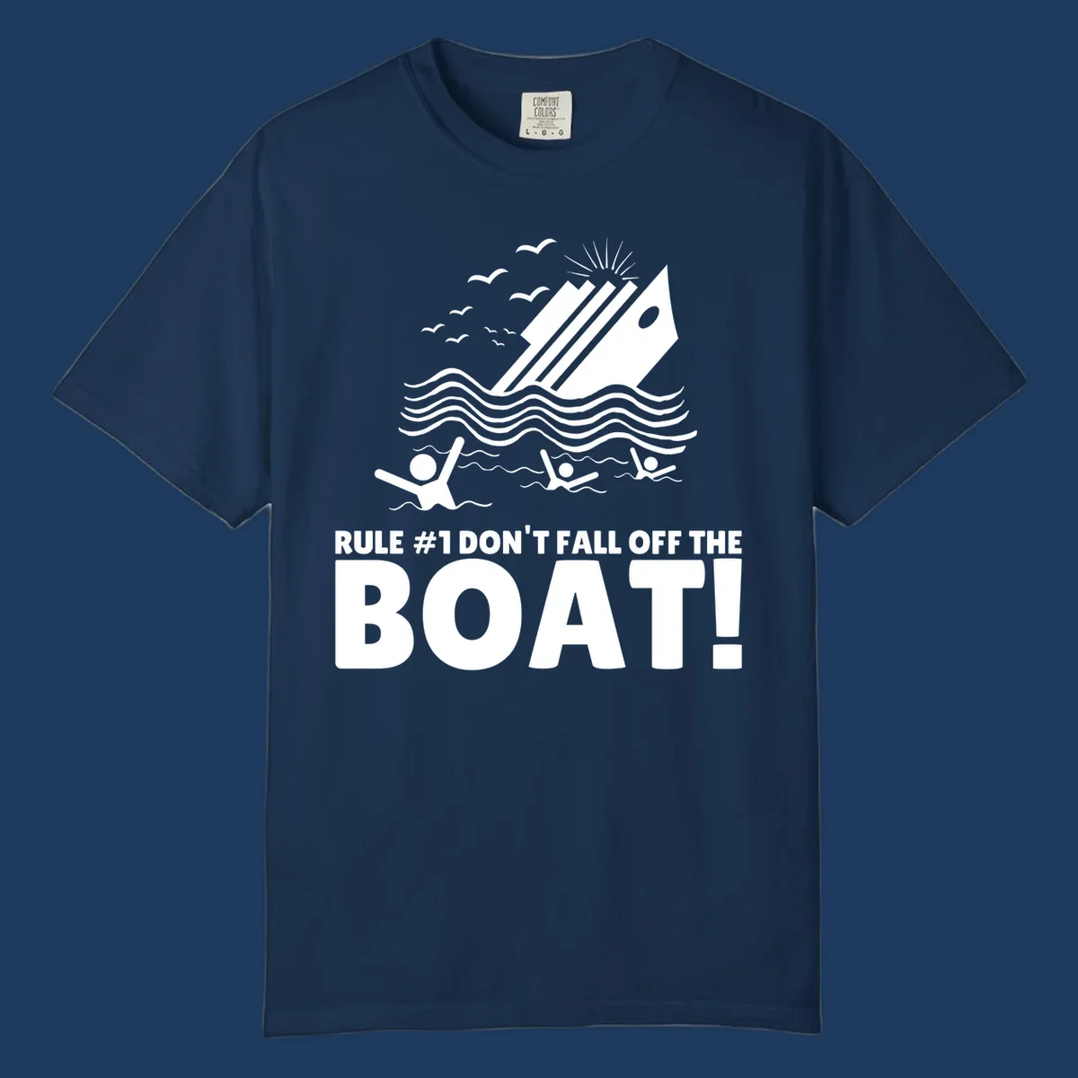 Humorous cruise ship design with text 'Rule #1 Don't Fall Off The Boat' featuring swimmers and ocean waves
