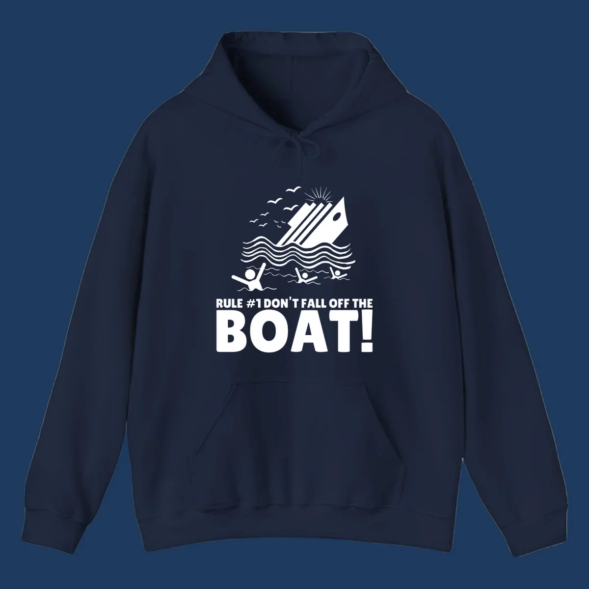 Humorous cruise ship design with text 'Rule #1 Don't Fall Off The Boat' featuring swimmers and ocean waves
