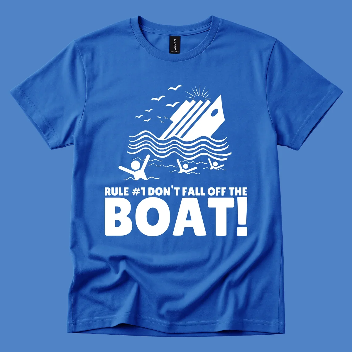Humorous cruise ship design with text 'Rule #1 Don't Fall Off The Boat' featuring swimmers and ocean waves
