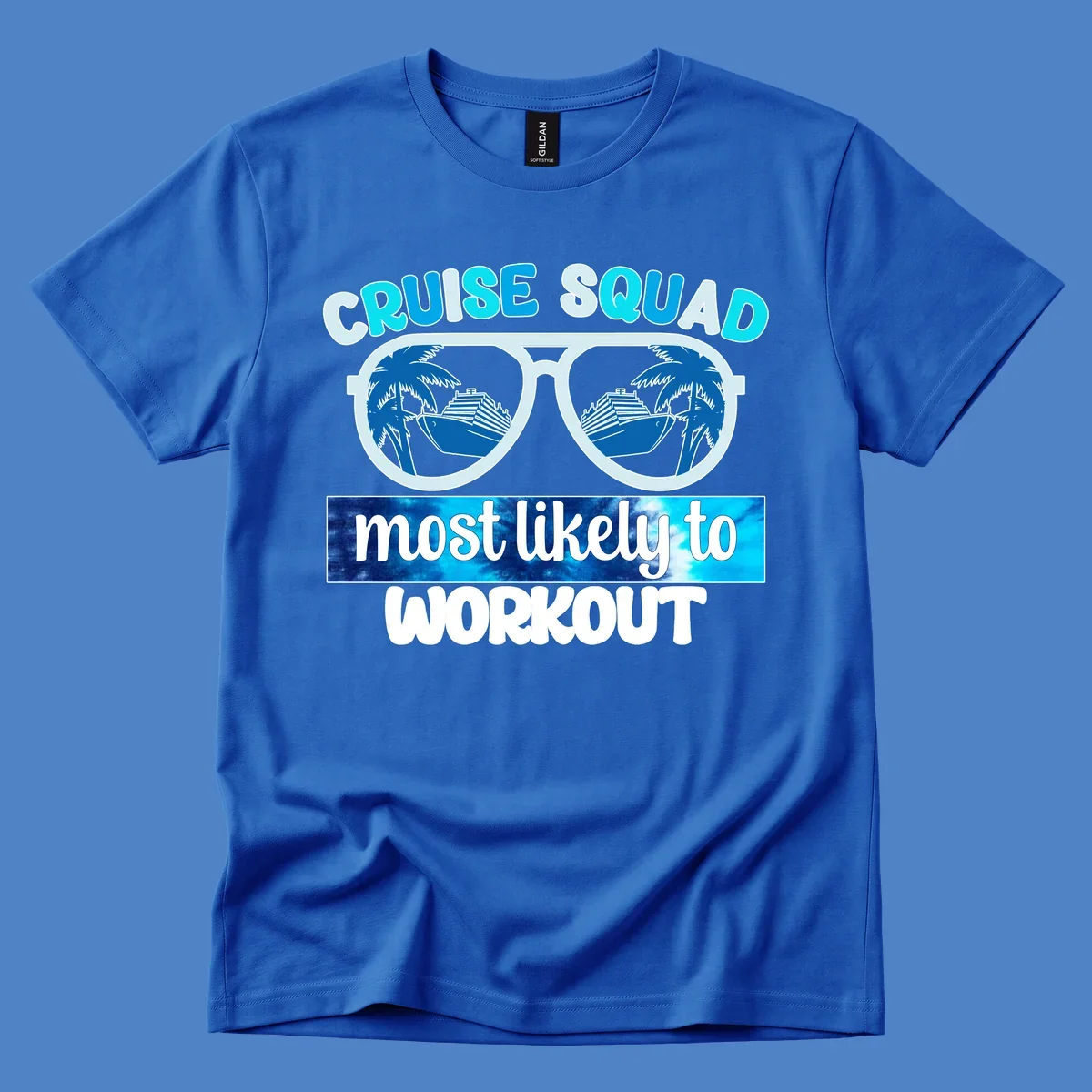 Oversized sunglasses with palm trees and cruise ship reflections, text reads 'Cruise Squad Most Likely To Workout'