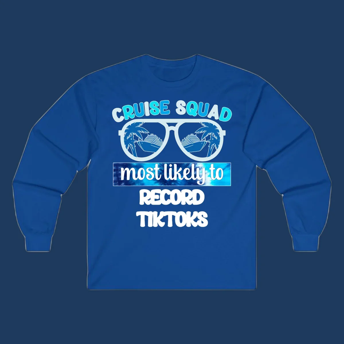Cruise squad most likely to record tiktoks design with sunglasses reflecting cruise ships and palm trees