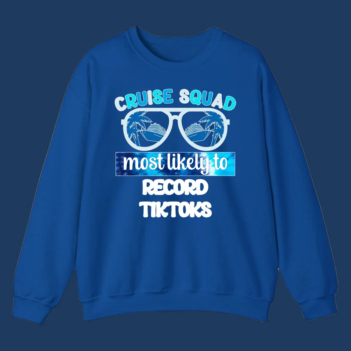 Cruise squad most likely to record tiktoks design with sunglasses reflecting cruise ships and palm trees