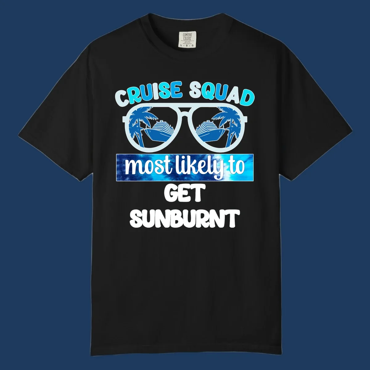 Cruise squad sunburnt design with sunglasses showing palm trees and cruise ship reflections