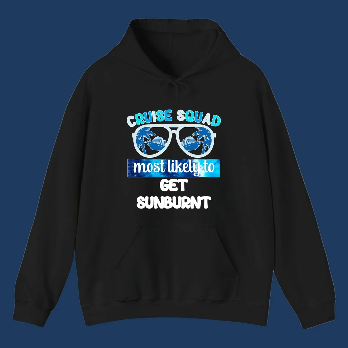 Cruise squad sunburnt design with sunglasses showing palm trees and cruise ship reflections