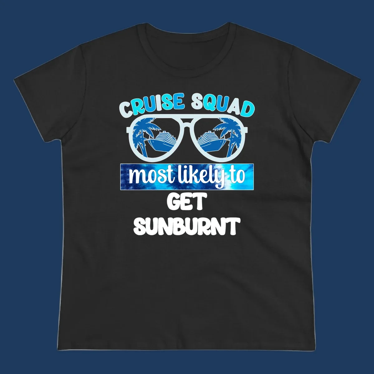 Cruise squad sunburnt design with sunglasses showing palm trees and cruise ship reflections