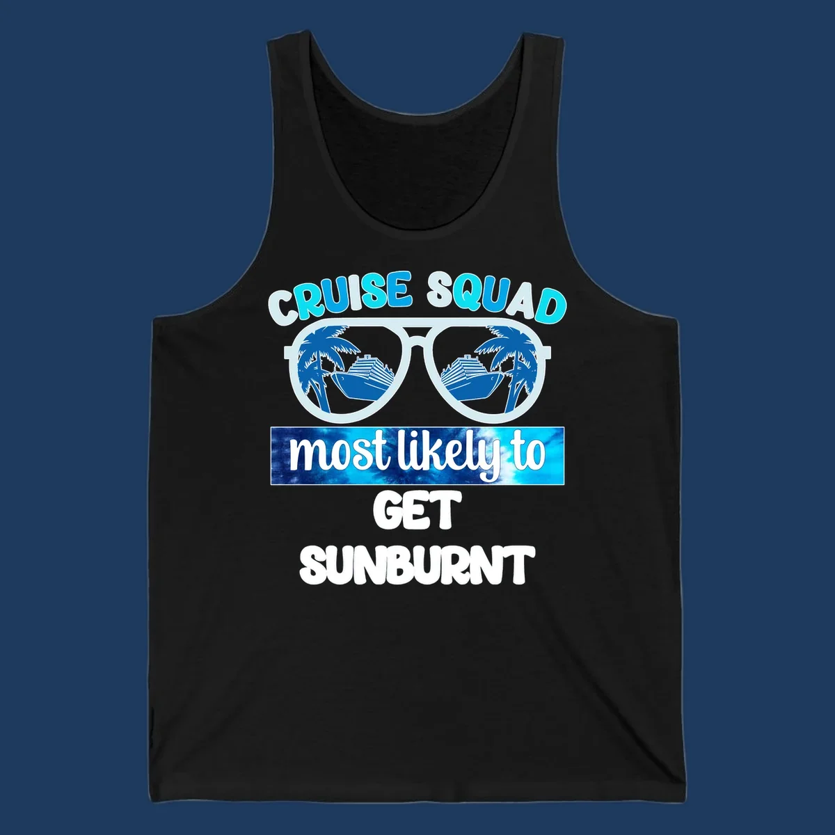 Cruise squad sunburnt design with sunglasses showing palm trees and cruise ship reflections