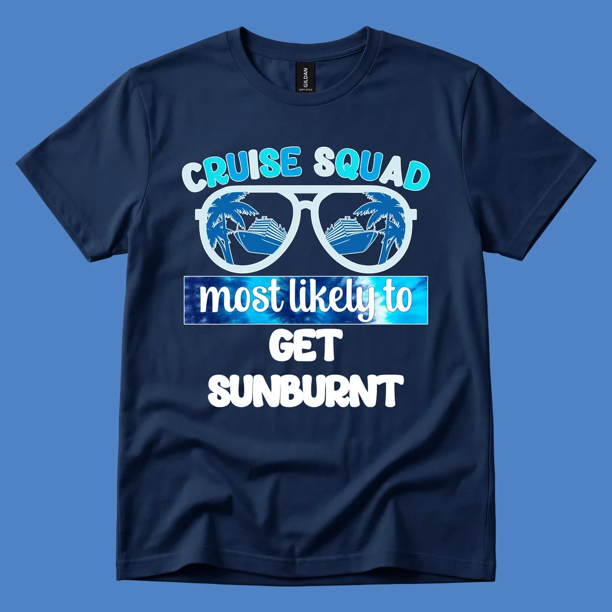 Cruise squad sunburnt design with sunglasses showing palm trees and cruise ship reflections