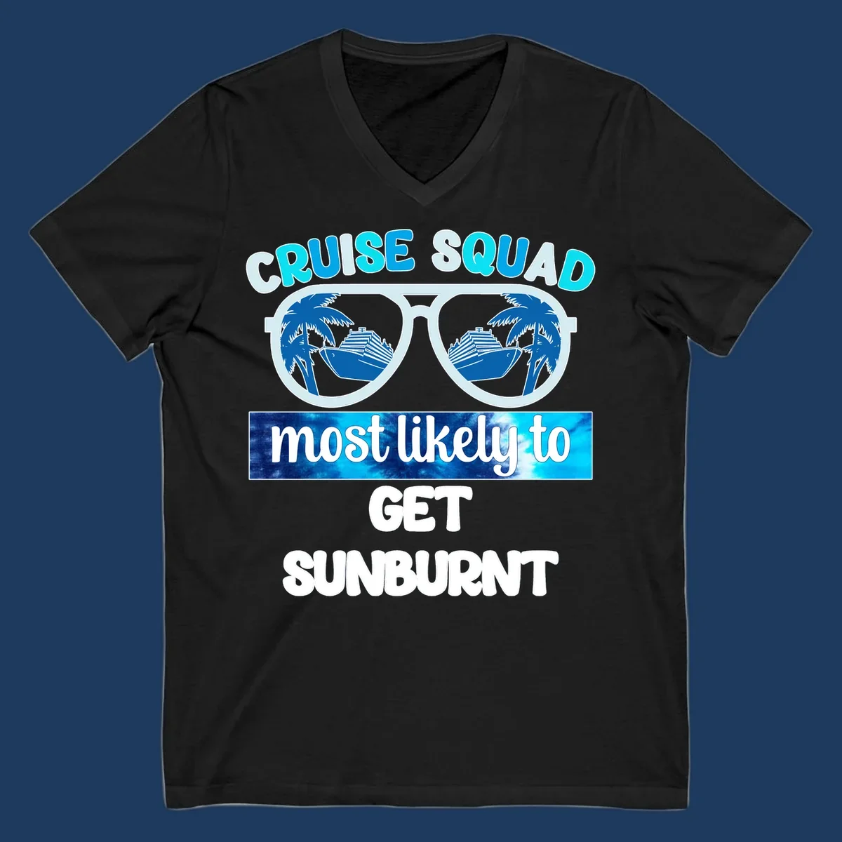 Cruise squad sunburnt design with sunglasses showing palm trees and cruise ship reflections