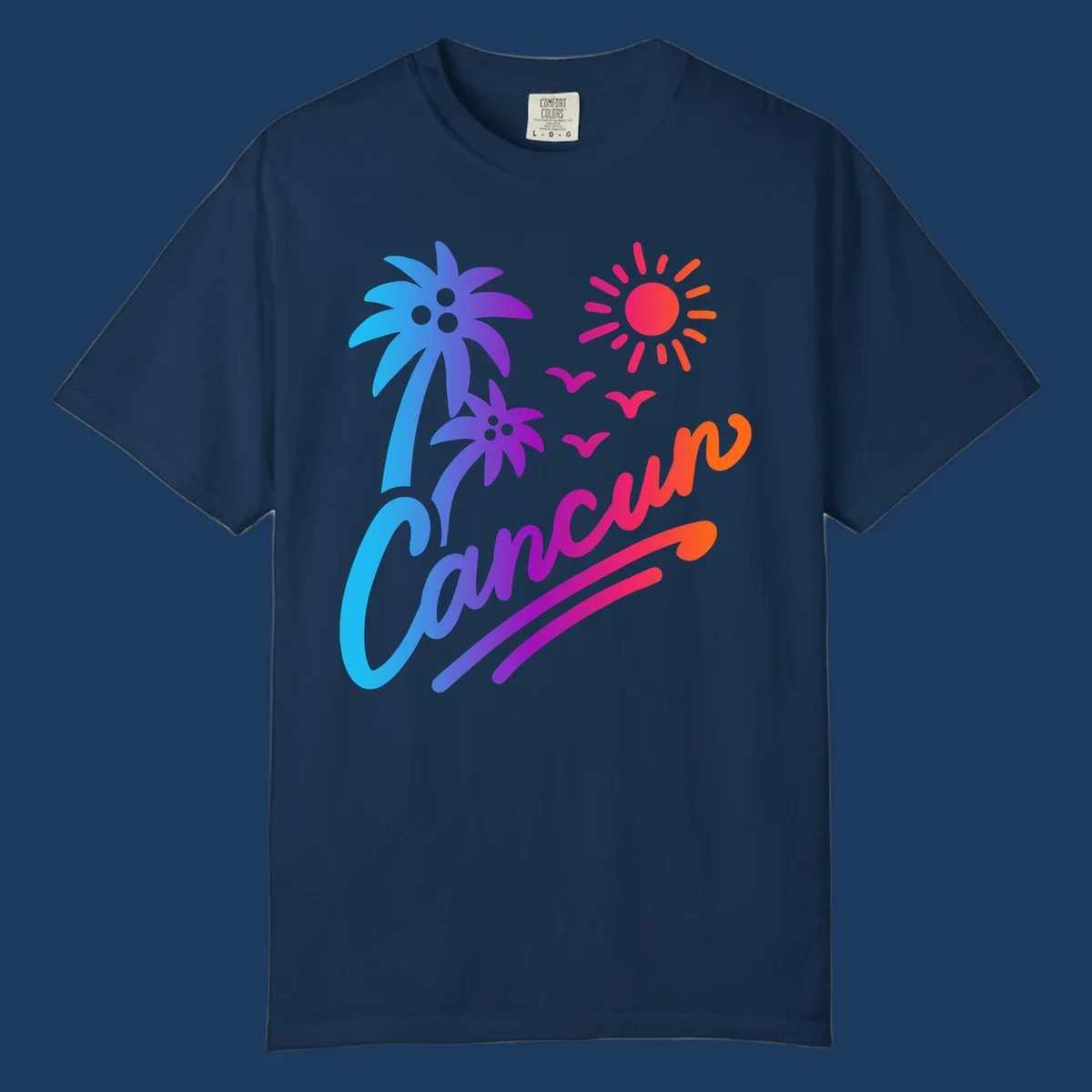 Tropical cruise paradise illustration with gradient palm tree, bright sun, flying birds, and flowing wavy lines in vibrant pink, blue, purple, and orange colors