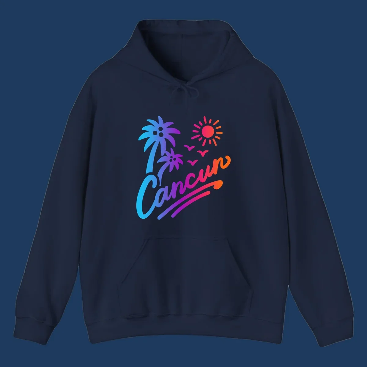Tropical cruise paradise illustration with gradient palm tree, bright sun, flying birds, and flowing wavy lines in vibrant pink, blue, purple, and orange colors