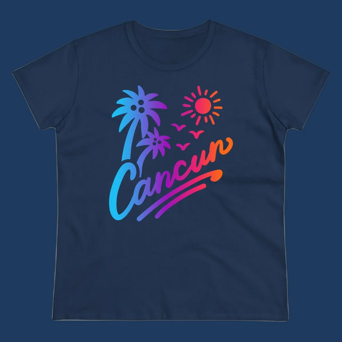 Tropical cruise paradise illustration with gradient palm tree, bright sun, flying birds, and flowing wavy lines in vibrant pink, blue, purple, and orange colors