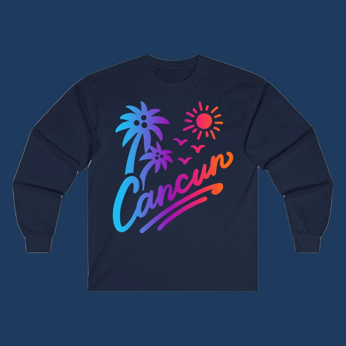 Tropical cruise paradise illustration with gradient palm tree, bright sun, flying birds, and flowing wavy lines in vibrant pink, blue, purple, and orange colors