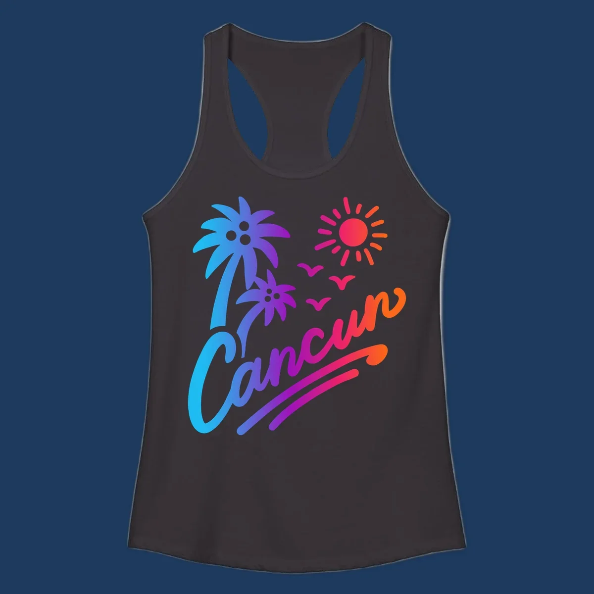 Tropical cruise paradise illustration with gradient palm tree, bright sun, flying birds, and flowing wavy lines in vibrant pink, blue, purple, and orange colors