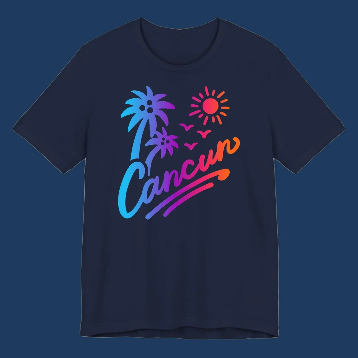 Tropical cruise paradise illustration with gradient palm tree, bright sun, flying birds, and flowing wavy lines in vibrant pink, blue, purple, and orange colors