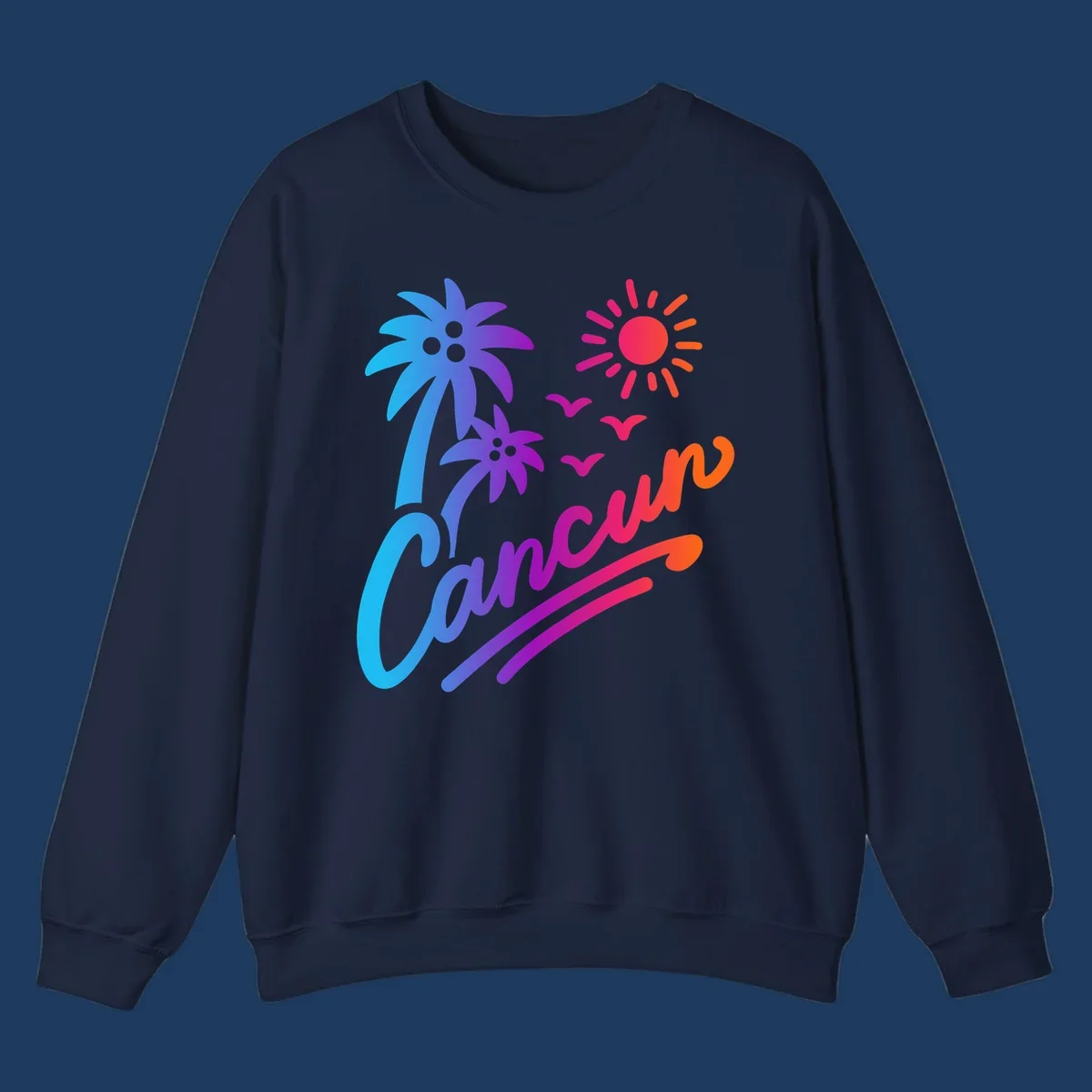 Tropical cruise paradise illustration with gradient palm tree, bright sun, flying birds, and flowing wavy lines in vibrant pink, blue, purple, and orange colors