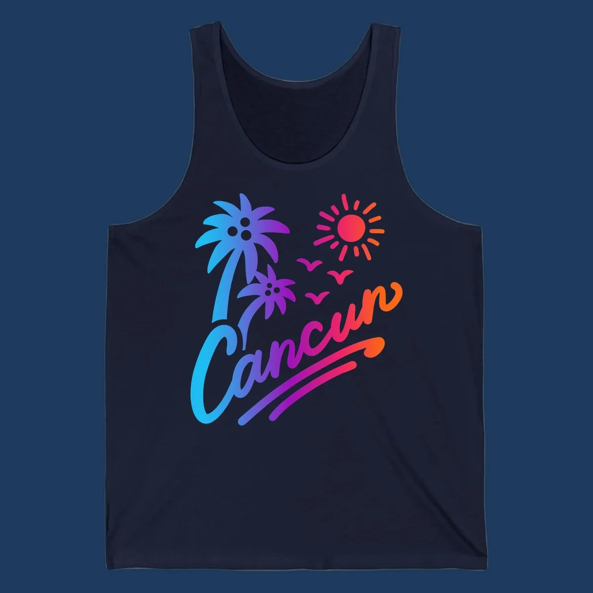 Tropical cruise paradise illustration with gradient palm tree, bright sun, flying birds, and flowing wavy lines in vibrant pink, blue, purple, and orange colors