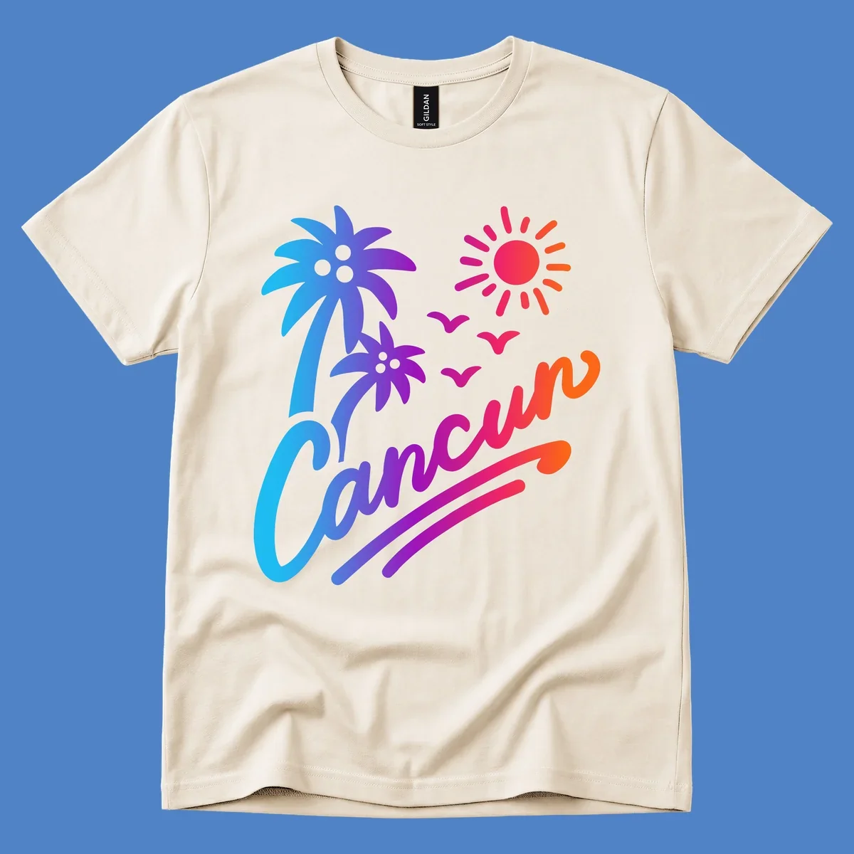Tropical cruise paradise illustration with gradient palm tree, bright sun, flying birds, and flowing wavy lines in vibrant pink, blue, purple, and orange colors