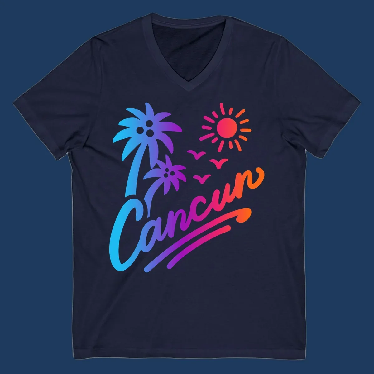 Tropical cruise paradise illustration with gradient palm tree, bright sun, flying birds, and flowing wavy lines in vibrant pink, blue, purple, and orange colors