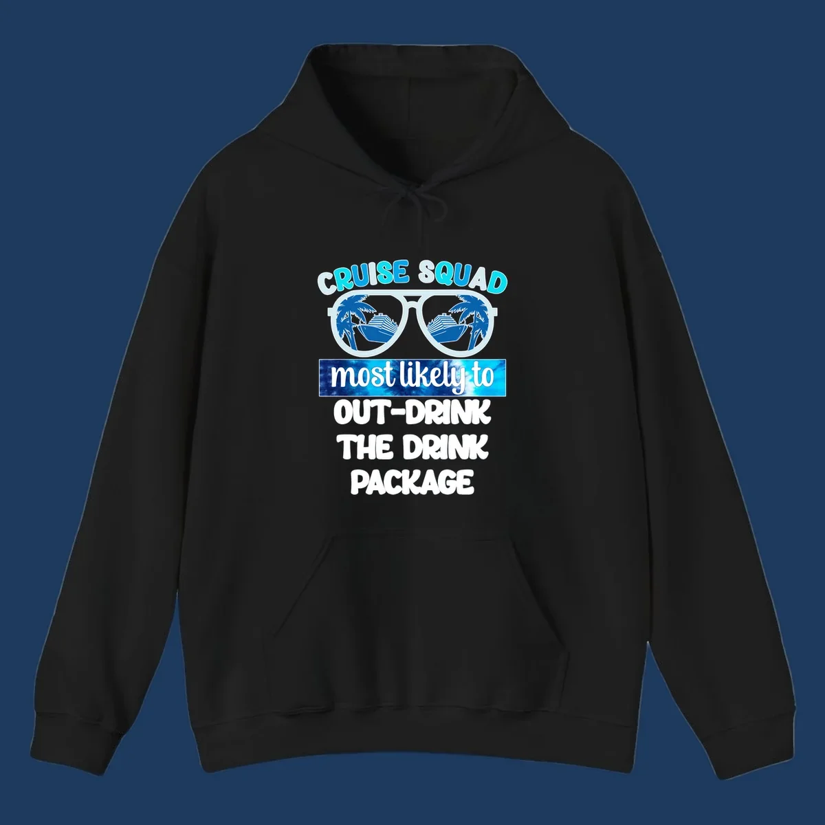 Sunglasses with palm trees and cruise ships, text reads 'Cruise Squad most likely to out-drink the drink package'