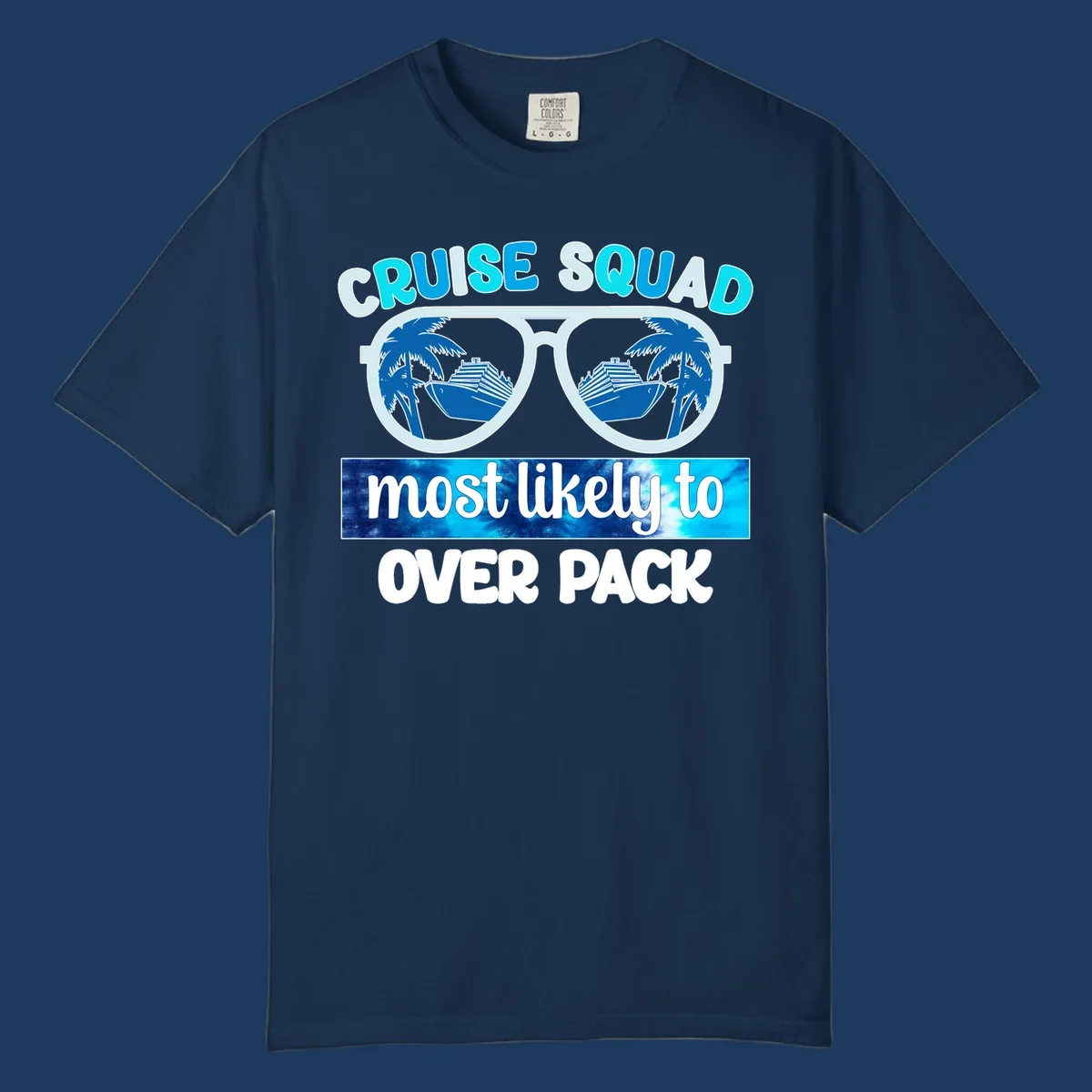 Cruise squad overpack design: sunglasses with palm trees and cruise ships in lenses, tropical vacation humor