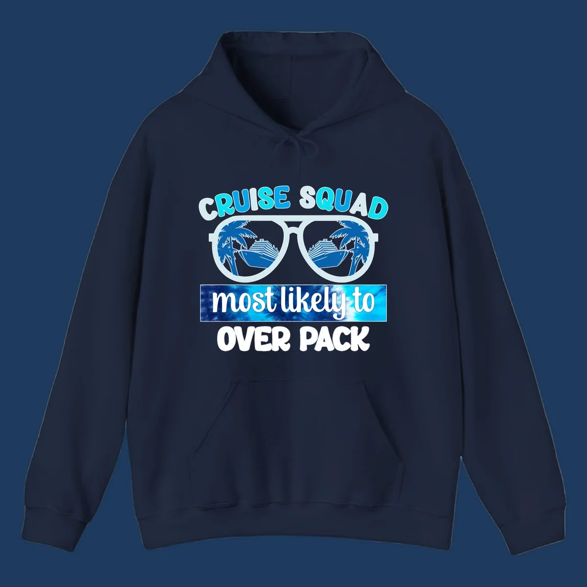 Cruise squad overpack design: sunglasses with palm trees and cruise ships in lenses, tropical vacation humor