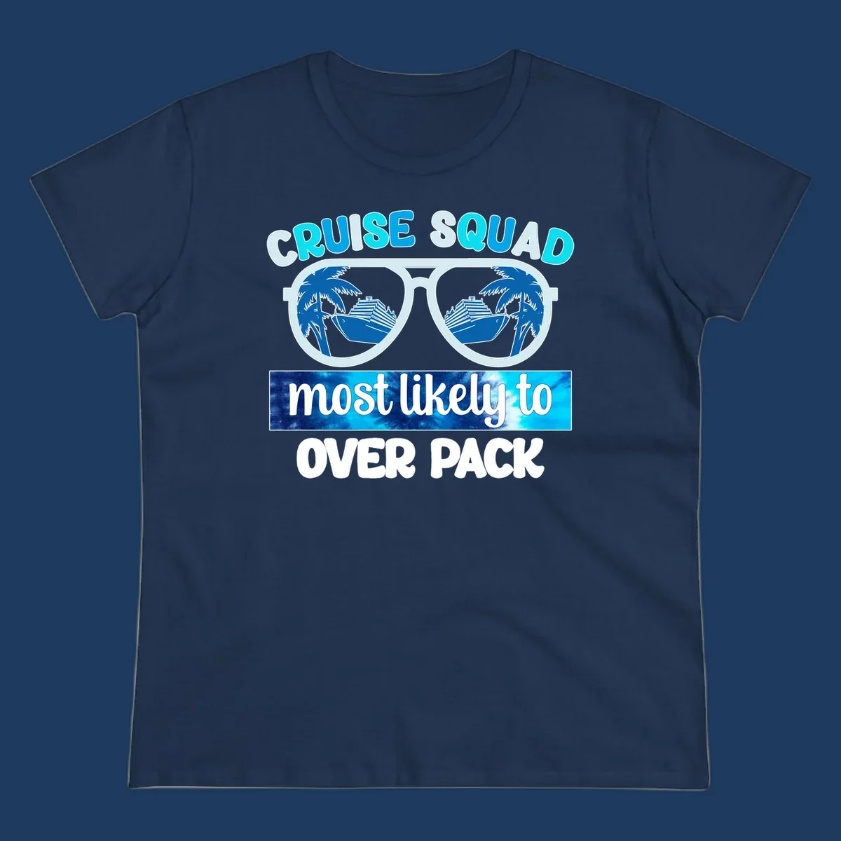 Cruise squad overpack design: sunglasses with palm trees and cruise ships in lenses, tropical vacation humor
