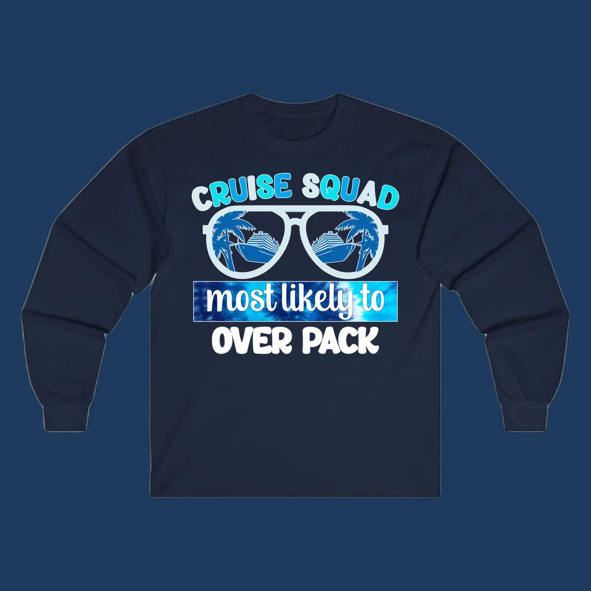 Cruise squad overpack design: sunglasses with palm trees and cruise ships in lenses, tropical vacation humor