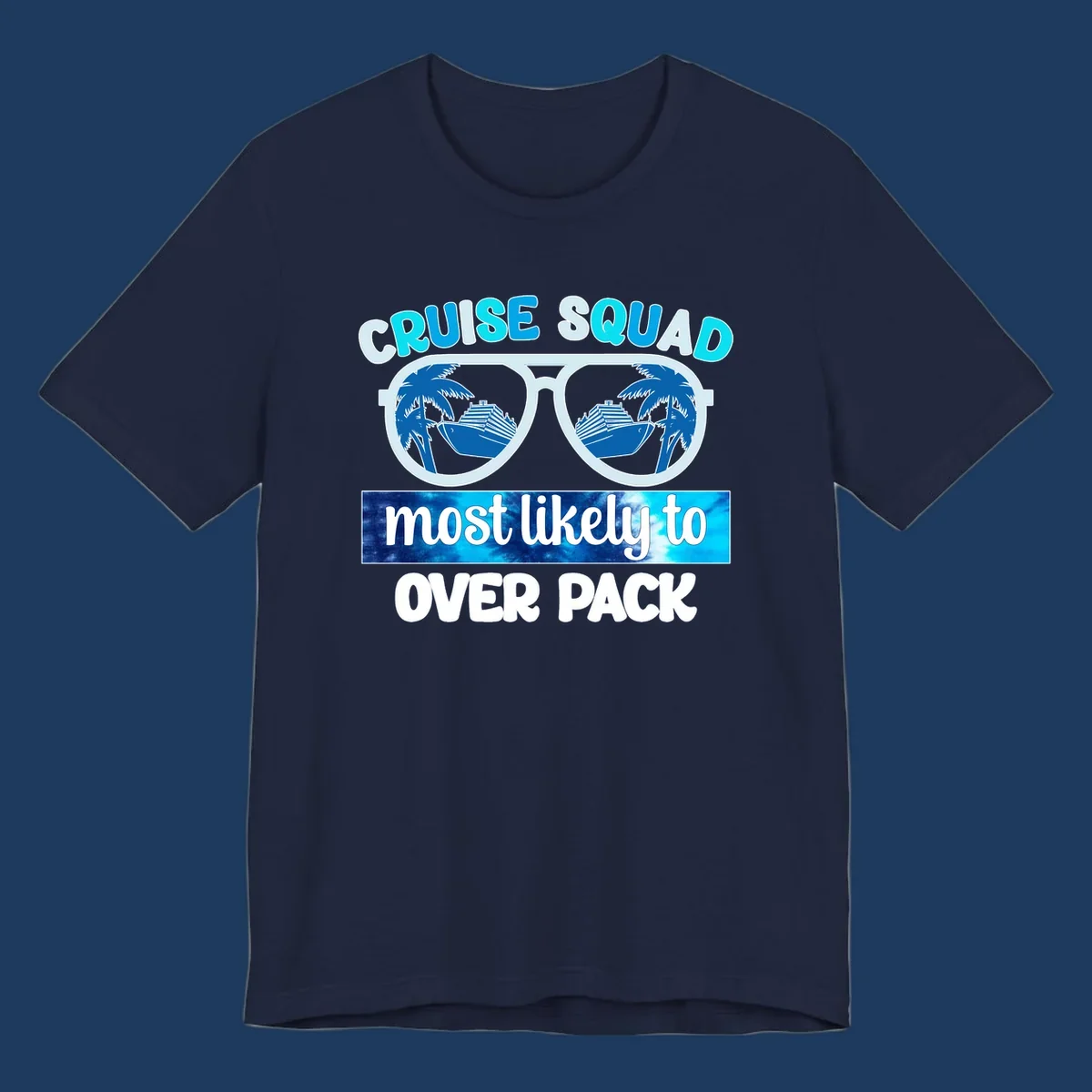 Cruise squad overpack design: sunglasses with palm trees and cruise ships in lenses, tropical vacation humor