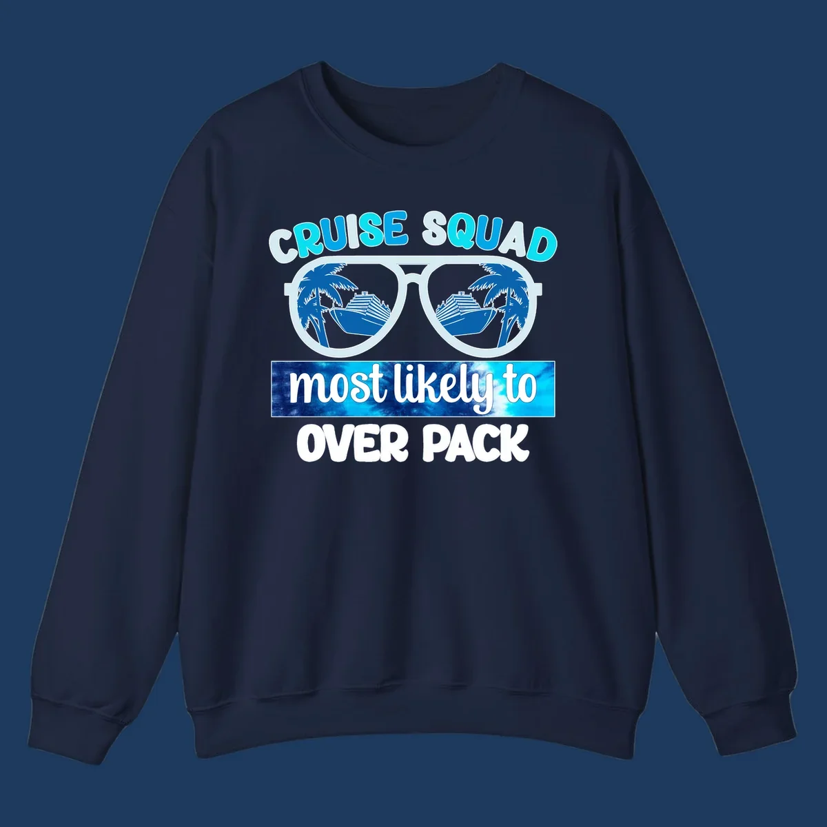 Cruise squad overpack design: sunglasses with palm trees and cruise ships in lenses, tropical vacation humor