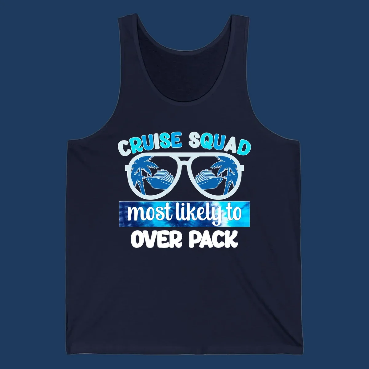 Cruise squad overpack design: sunglasses with palm trees and cruise ships in lenses, tropical vacation humor