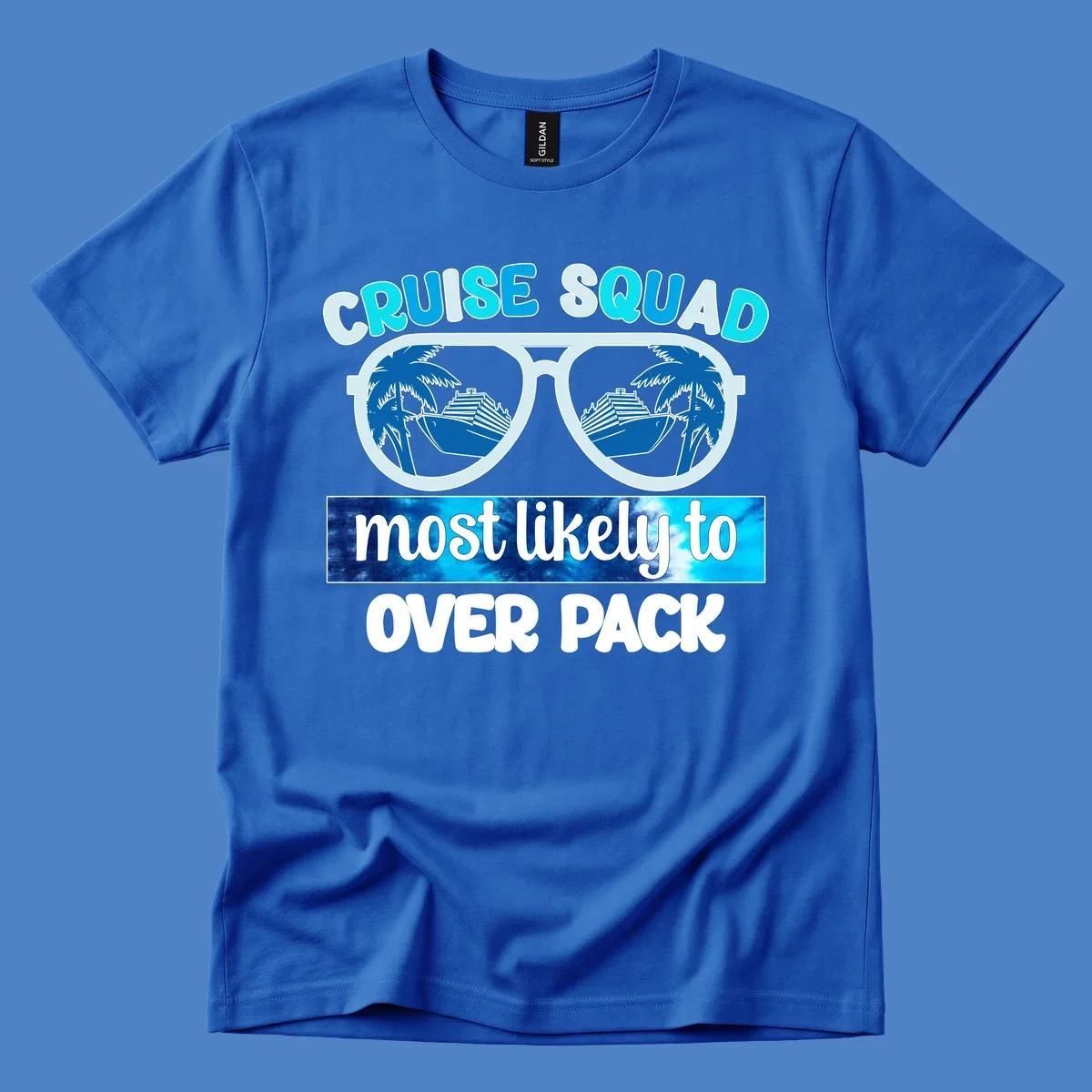 Cruise squad overpack design: sunglasses with palm trees and cruise ships in lenses, tropical vacation humor