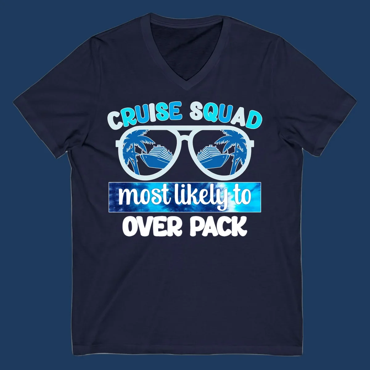 Cruise squad overpack design: sunglasses with palm trees and cruise ships in lenses, tropical vacation humor