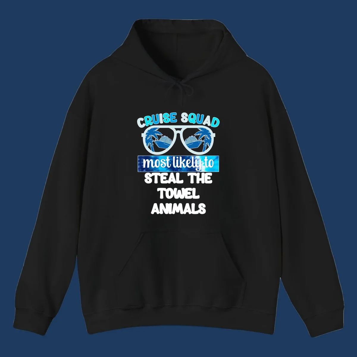 Cruise squad design with sunglasses reflecting ships and palms, text reads 'most likely to steal the towel animals'