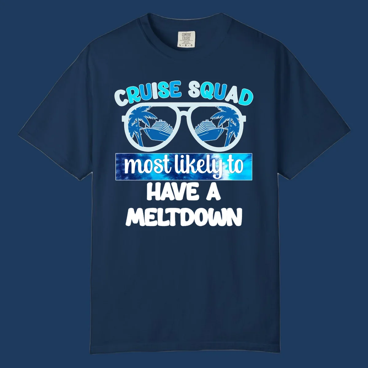 Cruise squad meltdown design with oversized sunglasses reflecting cruise ships and palm trees