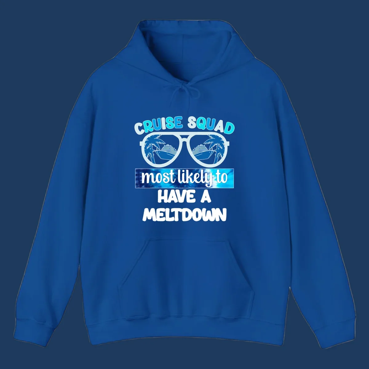Cruise squad meltdown design with oversized sunglasses reflecting cruise ships and palm trees