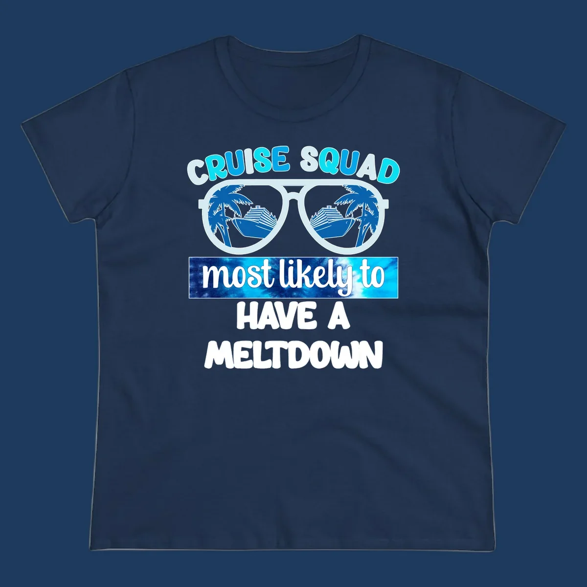 Cruise squad meltdown design with oversized sunglasses reflecting cruise ships and palm trees